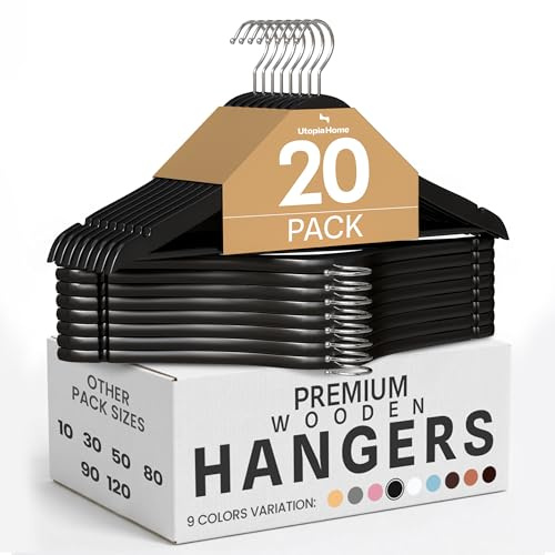Utopia Home - Premium Holz kleiderbügel (Schwarz, 20er-Pack) | Holzbügel mit Hosenstange und Schulterrillen, Schulterrillen, Stabil, Für Anzüge, Hosen und Jackel