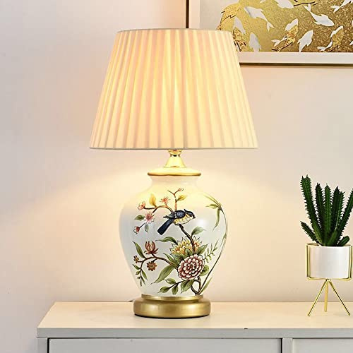 Mengjay Lámpara Cerámica de Mesa,Lámpara de mesa con base de cerámica y pantalla de tela beige,Lamparas de mesita de noche,Lámpara Escritorio Diseño Clasico,para dormitorio, fiesta, comedor (Blanco)