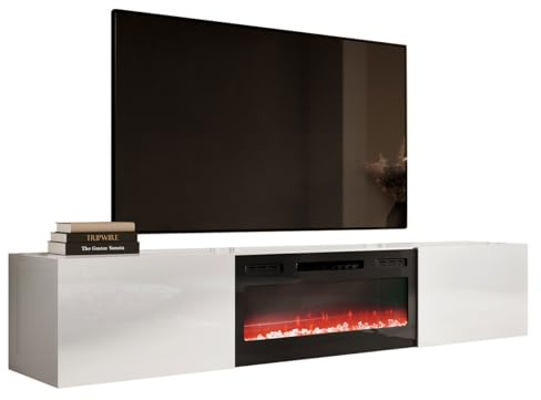 Mirjan24 Meuble TV avec Cheminée Électrique Slide 200 Meuble TV Bas avec Ouverture sans Poignée, Placard Mural, Cheminée Électrique, Chauffage, Flamme LED Réaliste (blanc/blanc brillant)