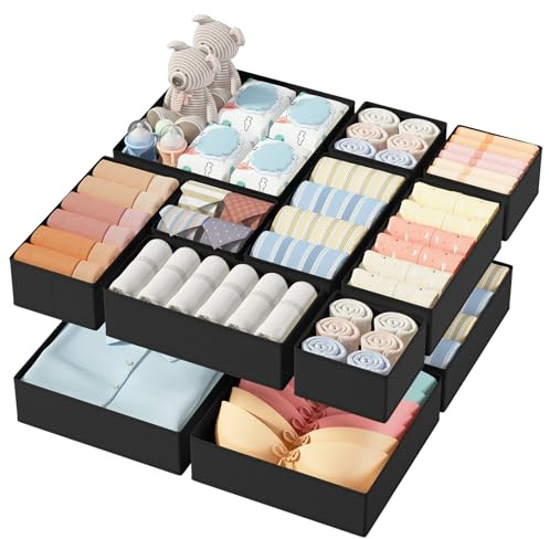 DIMJ 12er Schubladen Ordnungssystem Schubladen Organizer, Faltbare Aufbewahrungsbox Stoff, Unterwäsche Organizer, Organizer Kleiderschrank für Kleidung, BHS, Socken, Krawatten