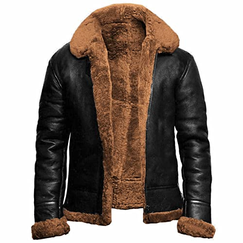 NLAVW Herren Flying Winter Jacket,Shearling Lederjacke Bomber Warm Filling Biker Motorrad Pelz Mantel Jacke
