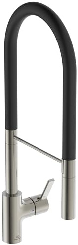 Ideal Standard – Gusto Mitigeur de cuisine, Semi Pro, avec vaporisateur extractible et d'un double spray, bec pivotant à 360°, 6,3 l/min, facile à installer avec la fixation EasyFix+, Silver Storm