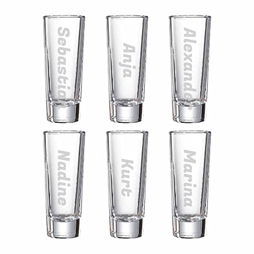 LUXENTU Schnapsgläser SKOL mit Gravur, Name vertikal, 6,5 cl, 6 Stück | Personalisierte Stamper, individuelle Namensgravur, Geschenk zur Hochzeit oder Geburtstag, Spülmaschinenfest