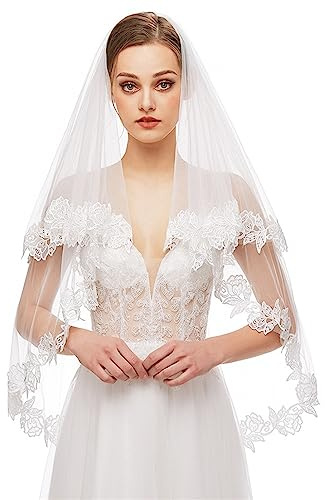 GIBZ Brautschleier Zweilagig Floral Bestickter Tüll Eleganter Schleier mit Kamm für Hochzeit Junggesellenabschied, Weiß