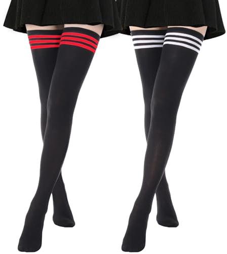 AQOKKA Extra lange Oberschenkelhohe Socken für Damen, gestreift, Overknee-Socken, lange Stiefel, Oberschenkelhohe Strümpfe, Beinstulpen, 2 Paar extra lang: Schwarz & Weiß, Schwarz & Rot, Extra Long