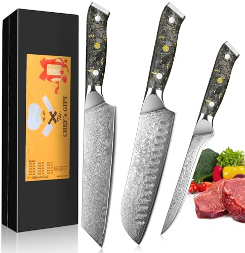 Home Safety Damast Messerset 3STK- Damast Küchenmesser Set mit 14.5-18 cm Klinge - Damastmesser Set aus Kiritsuke Kochmesser, Santokumesser und Filetiermesser - 67 Lagen VG-10 Damaststahl