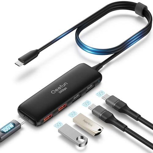 Qeefun 10Gbps USB C Hub, USB 3.2 hub mit 2 USB-C und 2 USB-A, USB 3.2 Gen 2 Splitter, 120cm Extended Long Data Cable und 100W Power Port, für Dell XPS, Thinkpad, HP und mehr