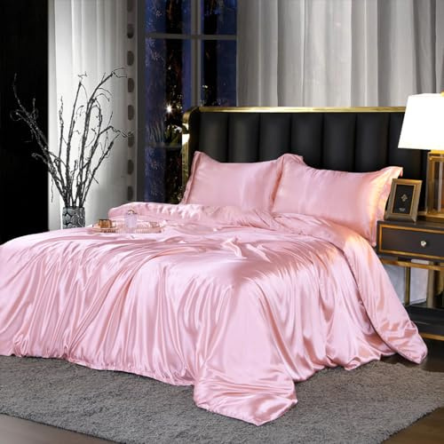 DXHOME Bettwäsche Satin 155x220 Uni Rosa Hellrosa Pink Glänzend Seiden Glatt Sommer Bettwäsche Set Luxus Bettbezug Glanzsatin Microfaser Deckenbezug und Kissenbezüge 80x80 cm mit Reissverschluss
