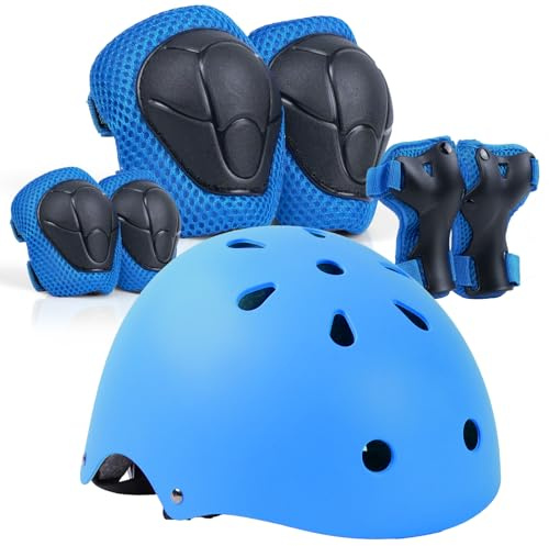 LANOVAGEAR Set de Protección Patinaje, Protección Infantil Consta de Casco Ajustable Rodilleras Coderas para Skate Patinaje Ciclismo Monopatín línea (Azul, S)