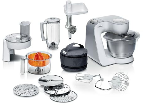 Bosch CreationLine 7 in 1 Stand Mixer MUM58259GB with 11 accessories, 7 Speeds, dough hook, whisk, beater, blender, juicer, mincer, shredder, 1000W, White/Silver