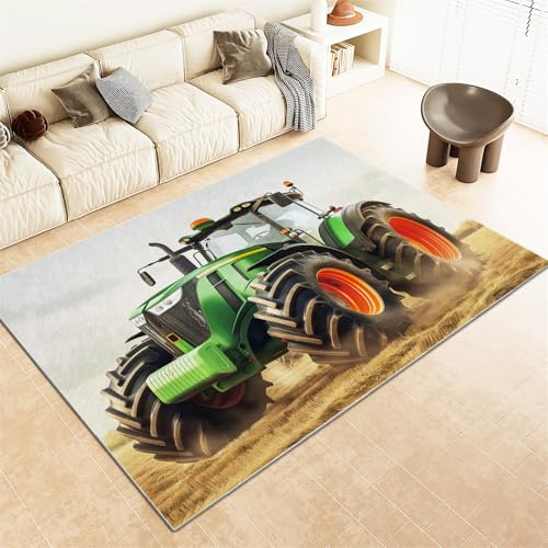 Teppich Wohnzimmer Waschbarer Kurzflor Teppiche 120x170 cm, Grün Traktor Landwirtschaft rutschfest, Helle Farbe Weiche Flauschiger Groß für Schlafzimmer und Esszimmer