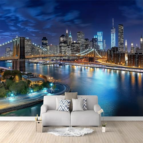 Vista Notturna Di New York City Blu Carta Da Parati 3d Fotomurale Blu 200x140 cm Murali Per Soggiorno Divano Tv Hotel A Tema Corridoio Di Lusso Sfondo Dipinto Murale