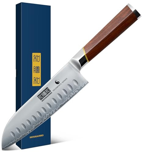 HOSHANHO 7-Zoll-Santoku-Messer, professionelles japanisches Kochmesser aus Kohlenstoffstahl, rasiermesserscharfes Küchenmesser mit ergonomischem Griff aus rotem Sandelholz – Geschenkbox
