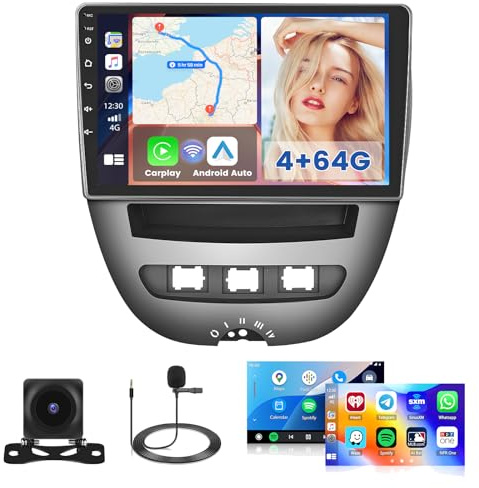 Hikity Autoradio Android 15 10 per Peugeot 107 2004-2014 Wireless CarPlay | 4GB+64GB. Anche per Toyota Aygo, Citroen C1. Android Auto, GPS, WiFi, FM/RDS, 32EQ, Retrocamera, MIC