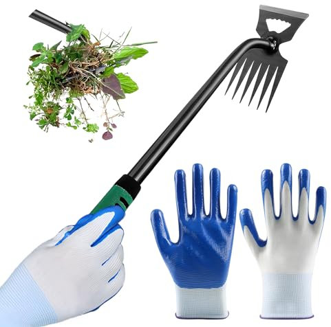 peiyee Desbrozadora Manual de Jardinería, Maleza Herramienta de Jardín 6 Dientes de Mano con Guantes de Jardín, Extractor de Malas Hierbas con Empuñadura de Goma, Mango de 36cm de Largo