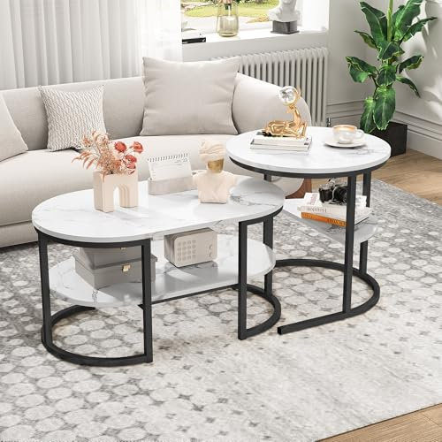 PerGar Couchtisch Set 2er, Runder und Ovaler Kaffeetisch mit Stauraum und Metallrahmen, Beistelltisch Set mit Marmoroptik, Wohnzimmertisch Satztische Sofatisch Kaffeetisch (Schwarz)