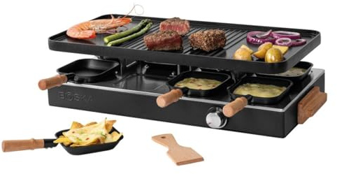 BOSKA Raclette Gourmet Party – Tabletop Grill Set for 8 People – PFAS-Free – Ceramic Grill Plate – Beechwood Handles – Reversible Aluminum Griddle – Black
