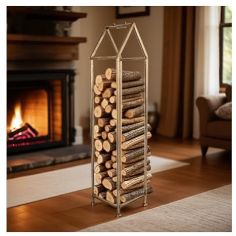 HBOOMOEM Portalegna Metallo，Legnaia Da Esterno In Metallo，Giardino Stoccaggio Per Tronchi Interno/Esterno Per Legna，Facile Da Montare, Robusto E Durevole.(Gold)