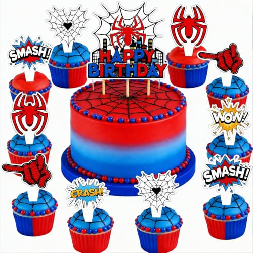 13 Stück Spinne Web Kuchen Dekorationen,Tortendekoration Cake Topper Set,Kindergeburtstag Cake Topper Set,für Mädchen,Junge,Happy Birthday Tortenaufsatz