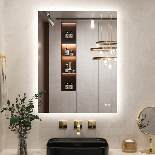 Keonjinn Badspiegel mit Beleuchtung Rechteckig 70x90cm, Badezimmerspiegel mit Beschlagfrei Touch Schalter Speicherfunktion 3 Lichtfarben Dimmbarer LED Bad Spiegel Ohne Rahmen Badezimmer Wandspiegel