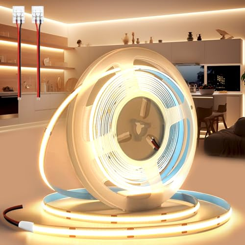 BRIMETI Striscia LED COB 12V 5M Luce LED Tubo Interno Autoadesivo 3000K Bianco Caldo 320LEDs/M Strisce Nastro Nastri Larghezza 8mm Con Connettori, per Cucina Soggiorno Bar (Senza Alimentatore)