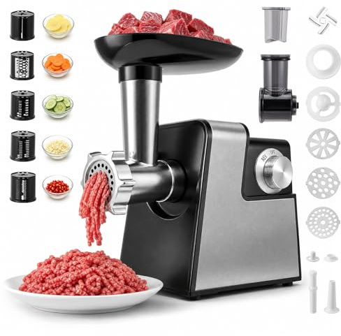 Tnamdan Hachoir à viande électrique,poussoir à saucisses,hachoir à viande et râpe à légumes électrique en acier inoxydable 2800Wmax,3 plaques de broyage,coupe-légumes avec 5 lames à trancher et Kubbe