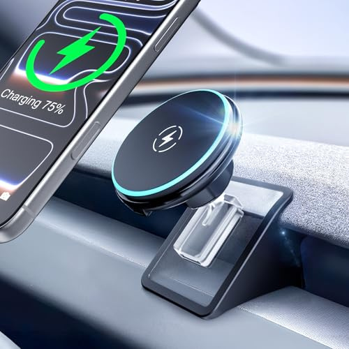 CloudValley Magnetic Qi2 15W Wireless Charger Phone Mount for Tesla Model 3 Highland Model Y Juniper, Strong Grip, 360° Adjustable, Dashboard Car Charger Holder 2025, Design for iPhone Magsafe 17-12