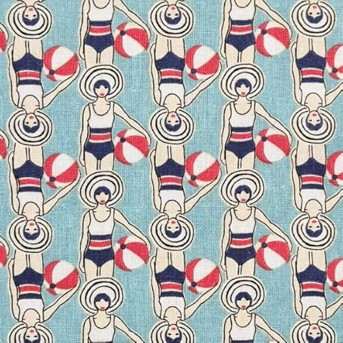 Baumwollstoff Retro Badeanzug Damen – blauer Dekostoff mit Strand & Sommermotiv | Patchworkstoff, Vorhangstoff, Kissenstoff, Tischdeckenstoff, DIY Nähen, Taschen, Schürzen & kreative Projekte