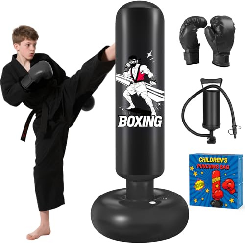 Boxsack für Kinder, Qoosea 168cm Boxsack Stehender Aufblasbarer Standboxsack mit Boxhandschuhe UNE Pumpe, Geschenk für Jungen & Mädchen von 3–12 Jahren Üben von Karate, Kickboxen,Taekwondo-Schwarz