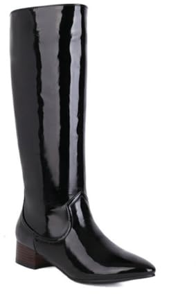 Genérico Botas Mujer hasta la Rodilla de Punta Fina de Cuero de Charol, Botas de Ponerse de Tubo Ancho con Tacón Ancho, Estilo Versátil y Moderno,Negro,37 EU