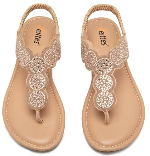 Veittes Women's Bohemian Bling Flat Slide Sandals - Casual Summer Thong Sandals with Rhinestone Decor, Rubber Sole, Lightweight & Comfortable Ankle StrapThong Summer Sandals.(7004,GD/MF,5)