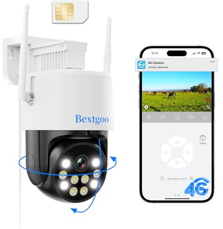 Bextgoo Überwachungskamera mit SIM Karte, 4MP 4G LTE Kamera ohne WLAN | 24/7 Überwachung, 360° Auto-Tracking, 4MP Farbnachtsicht, KI-Erkennung, IP66, für Bauernhof, Garten, Baustelle, Parkplatz