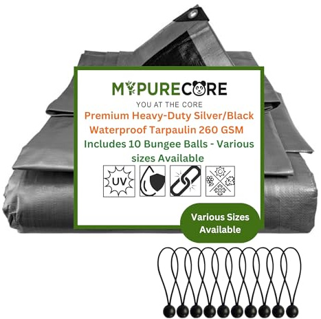 MYPURECORE Heavy-Duty Tarpaulin 260 GSM with 10 Bungee Balls – Waterproof, UV & Frost-Resistant Tarp – Silver/Black Reversible Cover for Camping, Garden, Gazebo, Trailer & Outdoor Use (5m x 6m)