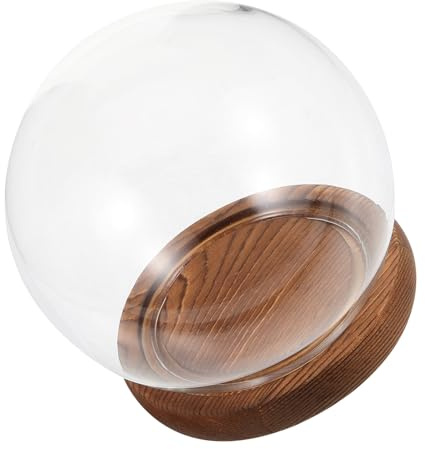 IWOWHERO Dôme en Verre Rond Ø12 Cm avec Socle en Bois Vintage pour Fleurs Préservées sous Cloche, Décoration Artisanale de Bureau, Protection Anti-poussière, Accessoire Terrarium Élégant