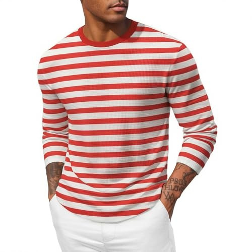 Maglietta a maniche lunghe, da uomo, a righe, colore rosso e bianco, a righe, D01 rosso, 4XL