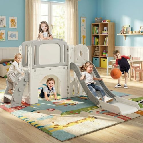 8-in-1 Kinderrutsche Indoor & Outdoor – Multifunktions Spielset Mit Klettergerüst, Basketballkorb, Teleskop, Tunnel Und Stauraum Für Kinder Ab 1 Jahr, Sicher & Stabil, Grau