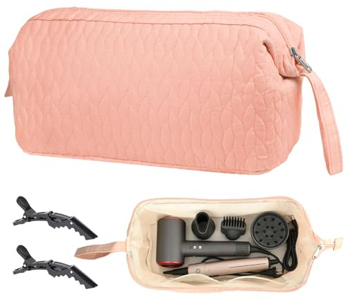 Rosa Reise-Aufbewahrungstasche – Reise-Haartrockner-Tasche für Glätteisen & Lockenstab, tragbare Aufbewahrungsbox für Haarwerkzeuge und zwei schwarze Haarspangen, kompatibel mit Dyson Supersonic