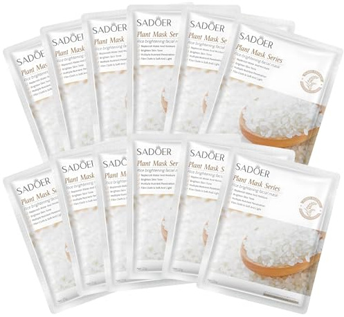 12 Piezas Mascarilla de Arroz, Rice Face Mask, Mascarillas Faciales con Extracto de Arroz, Mascarilla Facial Hidratante, para Hidratación, Antiarrugas, Limpieza