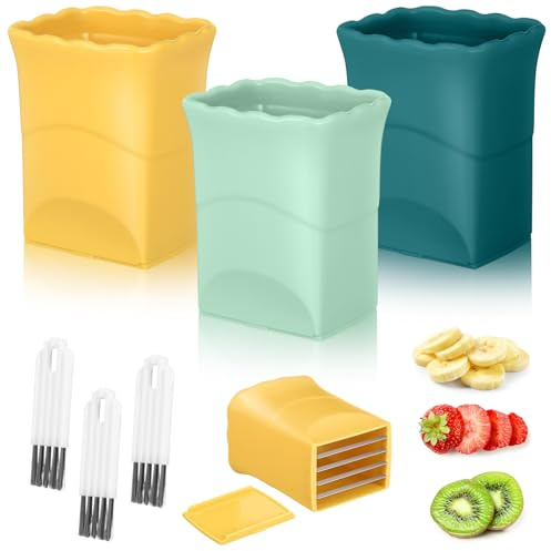 Milisten Ensemble Manuel de 3 Trancheurs à Fruits et Légumes en Plastique Solide, Coloris Vert, Jaune et Bleu Foncé, avec 3 Brosses de Nettoyage, Outil Multifonction pour Découpe Précise