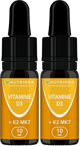 VITAMINE D3 - Avec K2 MK7 - Vitamines d'Origine Végétale & Huile d’Olive BIO - Renforce l'Immunité, Santé des Dents, Os, Muscles - Nutrimea - Flacon Compte-Gouttes - Fabriqué en France (Lot de 2)