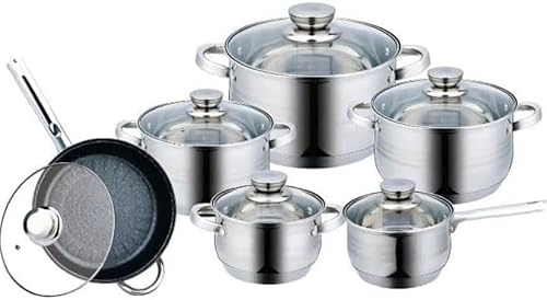 Batería de Cocina 12 Piezas, Acero Inoxidable, con Tapas, Apta para Inducción, Gas y Vitrocerámica, Incluye Sartén, Color Plateado
