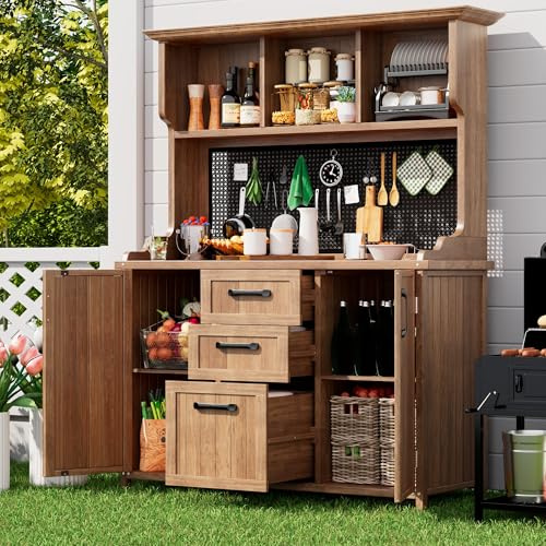 Lahoomu Gartenschrank Holz, Garten Werkzeugschrank aus massivem Tannenholz – Standschrank mit 3 Schubladen, 3 Fächern, Metall-Lochwand und verstellbaren Regalböden, für Terrasse, Balkon