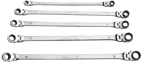 MOUNTAIN RM6, 5 Piece Metric Double Box Universal Spline Reversible Ratcheting Wrench Set, Extra Long Chrome Vanadium Steel, 90 Tooth, 4 Degree Swing Arc, Flexible Design for Hard to Reach Fasteners