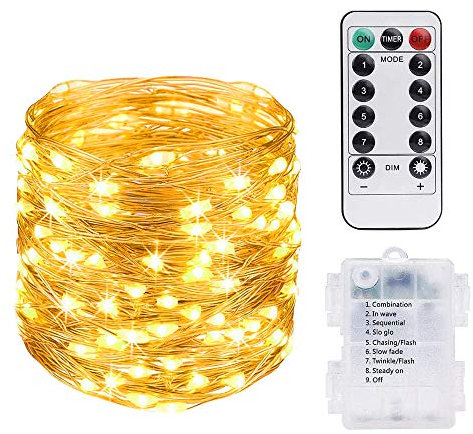 Vicloon Lumières de fées, guirlandes lumineuses 100 lumières LED avec télécommande, 8 modes de guirlande lumineuse en cuivre étanche pour les décorations extérieures et intérieures de Noël
