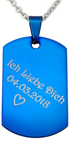 Hanessa Personalisierte Kette mit Gravur Edelstahl 50 cm mit Anhänger Dog Tag Erkennungsmarke in silber blau - Personalisierte Halskette für Männer und Frauen - Personalisierter Schmuck Damen Herren