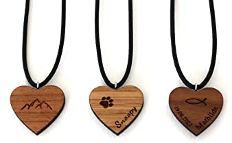 STREIFHOLZ Herzanhänger aus Holz mit Gravur personalisiert, verschiedene Motive zur Auswahl, Buchstaben, Baum des Lebens, Halskette, Kette aus Holz mit Lederband