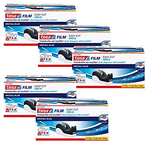 tesa Easy Cut Orca Tischabroller mit 1 Rolle tesafilm kristall-klar 10m:19mm (5er Pack/Orca + 1 Rolle tesafilm kristall-klar)