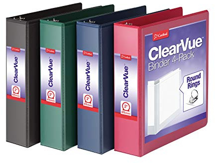 Cardinal 3 Ring Binders, Binders for School and Office, Durable 2 Inch Binder with Round Rings, Holds 475 Sheets, ClearVue Covers, Non-Stick, PVC-Free, Assorted Colors, 4 Pack (29310)