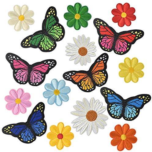 16× Applikationen zum Aufbügeln für Erwachsene Blumen Applikationen zum Aufnähen Kinder Aufbügler Flicken Aufbügeln Schmetterlingsmuster Stickerei Patch für Mädchen Jungs Aufbügel Patches zum Jeans