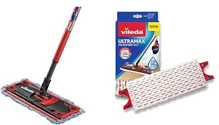 Vileda - Housse Micro & Coton pour Balai à Plat - Ultramax & Recharge Balai à Plat Officielle Compatible UltraMax/Ultramat/1.2.Spray - Version 2en1 Microfibre, Blanc et Rouge